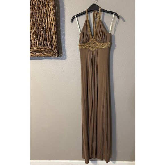 SKY Brand Maxi Dress M Soft Brown Suede Braid Trim Stretch Long NEW - Picture 12 of 12